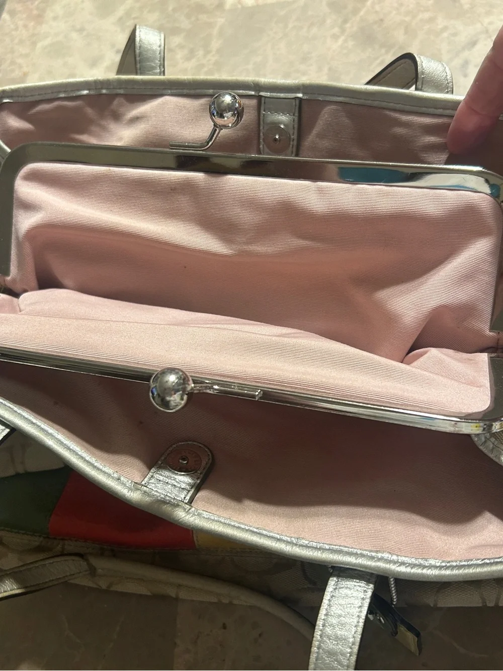 Coach Metallic Silver Leather Creed Patch with Pink Lining